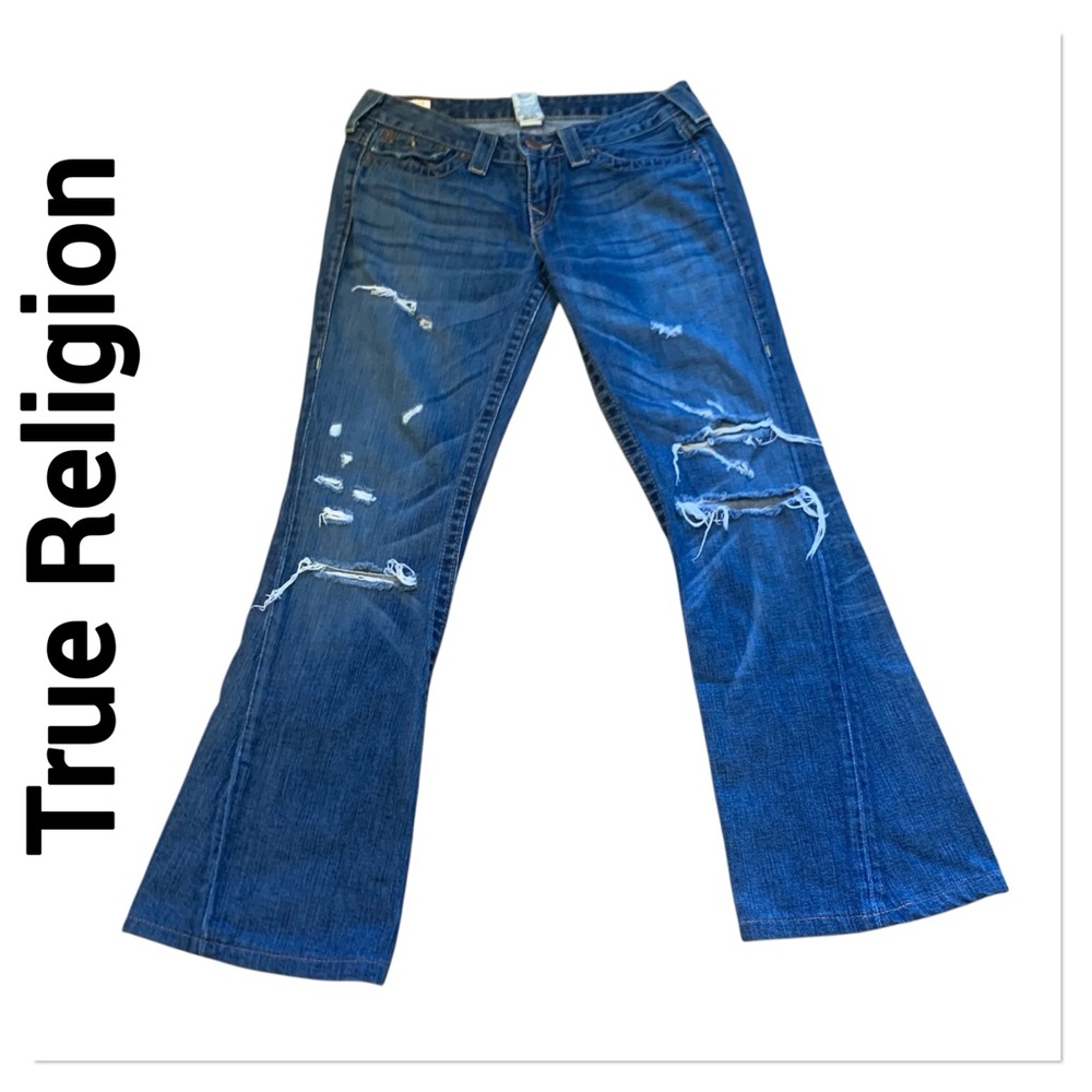 TRUE RELIGION Joey Dark Hollow First Edition Distressed Wide Leg Jeans 28